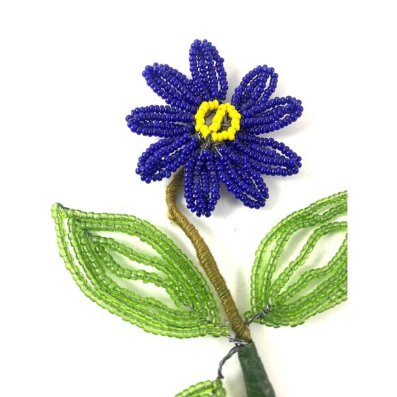 Vintage Handcrafted Beaded Flower Décor Blue & Green Floral Design Wire Stem Mil - Picture 2 of 3